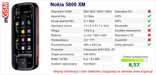 Dane telefonu Nokia 5800 XM