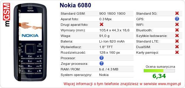 Dane telefonu Nokia 6080