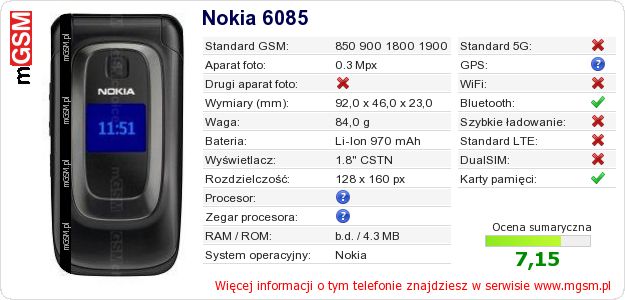 Dane telefonu Nokia 6085 Dane telefonu Nokia 6085