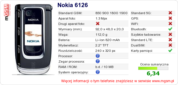 Dane telefonu Nokia 6126