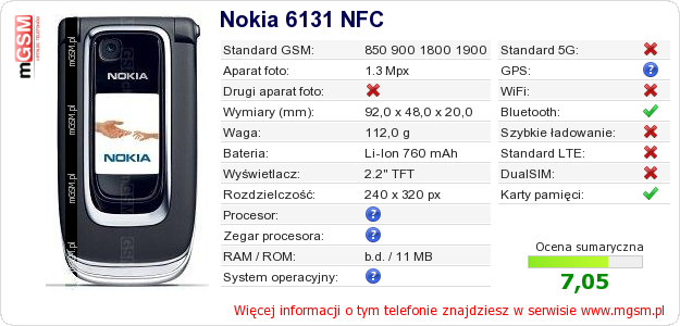 Dane telefonu Nokia 6131 NFC