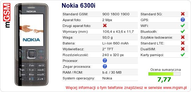Dane telefonu Nokia 6300i