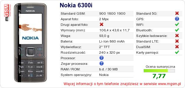 Dane telefonu Nokia 6300i