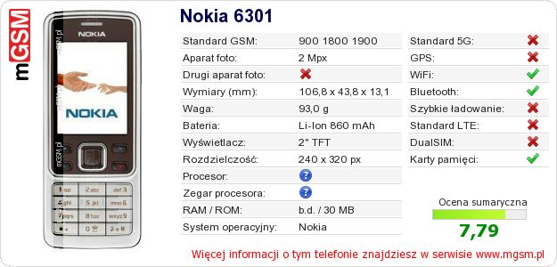 Dane telefonu Nokia 6301