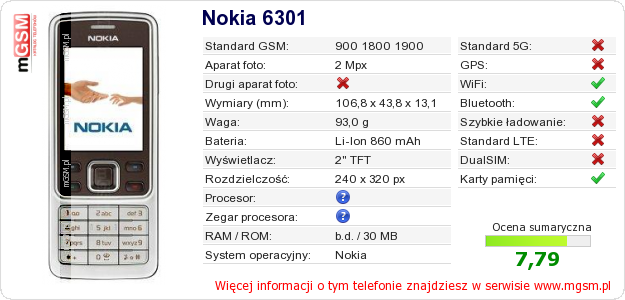 Dane telefonu Nokia 6301 Dane telefonu Nokia 6301