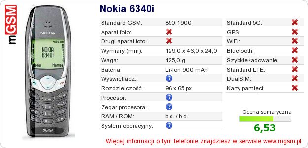 Dane telefonu Nokia 6340i