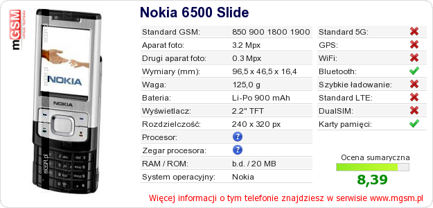 Dane telefonu Nokia 6500 Slide