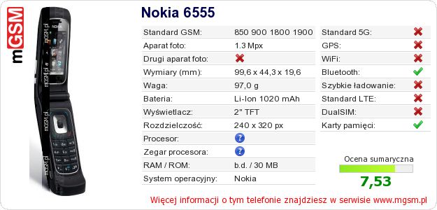 Dane telefonu Nokia 6555 Dane telefonu Nokia 6555