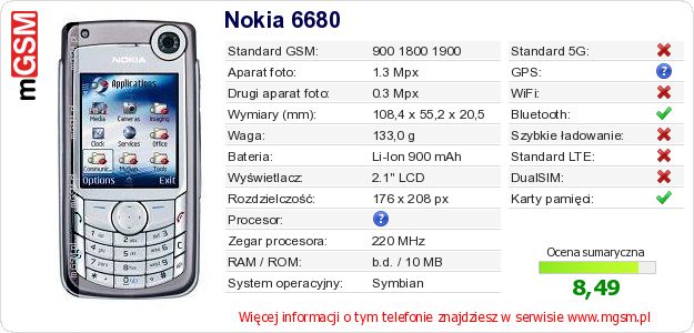 Dane telefonu Nokia 6680 Dane telefonu Nokia 6680