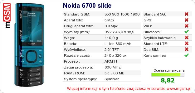 Dane telefonu Nokia 6700 slide