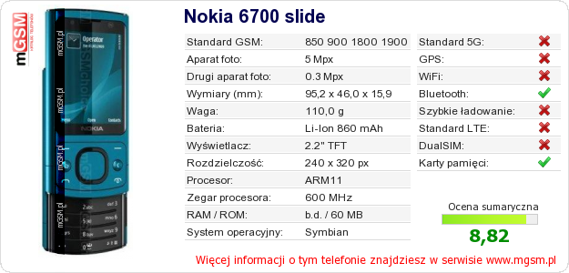 Dane telefonu Nokia 6700 slide