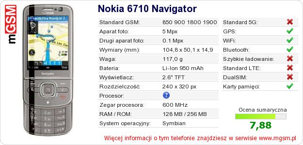 Dane telefonu Nokia 6710 Navigator
