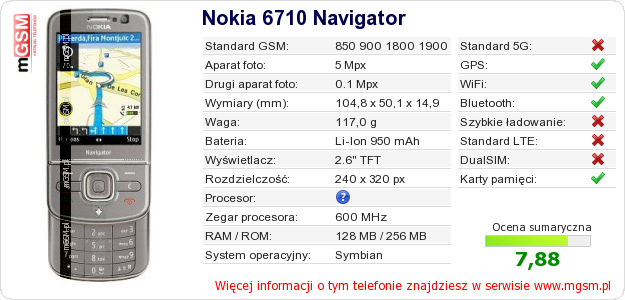 Dane telefonu Nokia 6710 Navigator