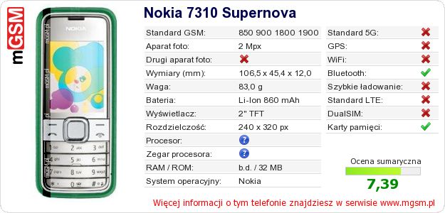 Dane telefonu Nokia 7310 Supernova