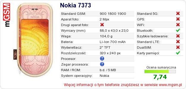 Dane telefonu Nokia 7373