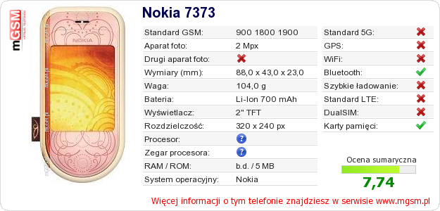 Dane telefonu Nokia 7373 Dane telefonu Nokia 7373