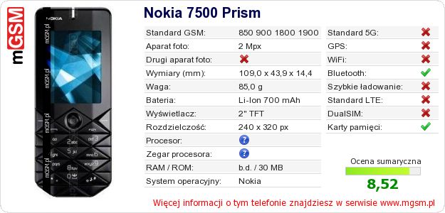 Dane telefonu Nokia 7500 Prism Dane telefonu Nokia 7500 Prism