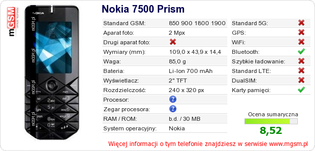 Dane telefonu Nokia 7500 Prism