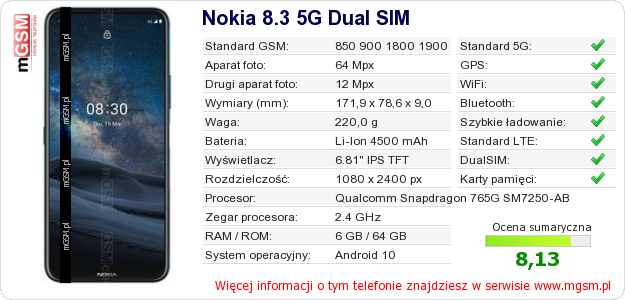Dane telefonu Nokia 8.3 5G Dual SIM