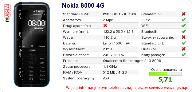 Dane telefonu Nokia 8000 4G