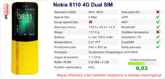 Dane telefonu Nokia 8110 4G Dual SIM
