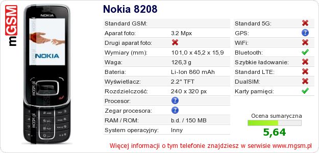 Dane telefonu Nokia 8208