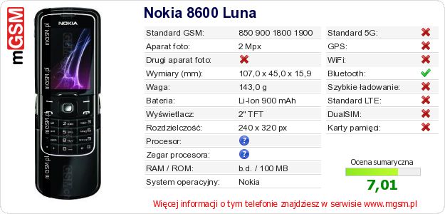Dane telefonu Nokia 8600 Luna Dane telefonu Nokia 8600 Luna