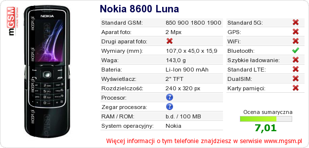 Dane telefonu Nokia 8600 Luna