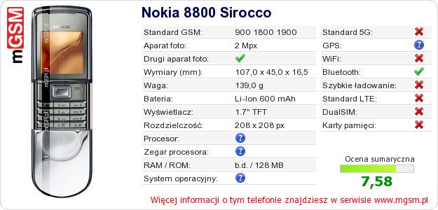 Dane telefonu Nokia 8800 Sirocco