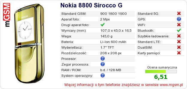 Dane telefonu Nokia 8800 Sirocco G