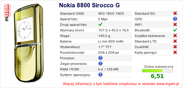 Dane telefonu Nokia 8800 Sirocco G