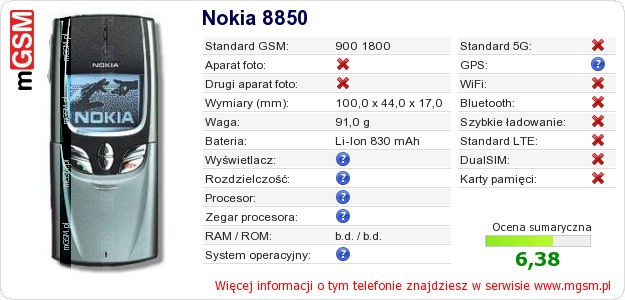 Dane telefonu Nokia 8850 Dane telefonu Nokia 8850