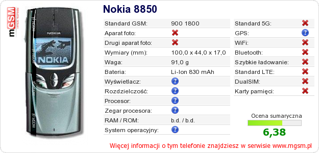 Dane telefonu Nokia 8850