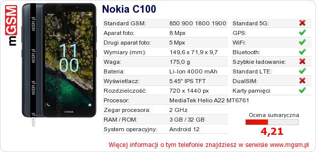 Dane telefonu Nokia C100 Dane telefonu Nokia C100