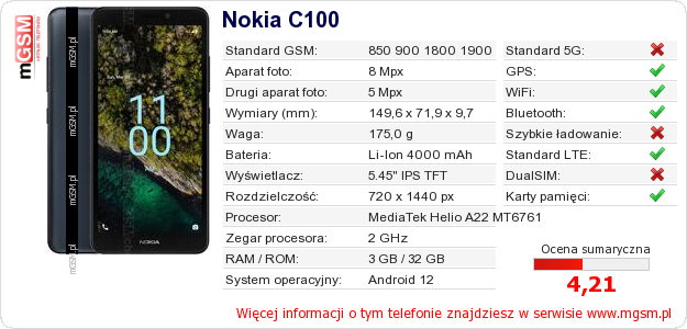 Dane telefonu Nokia C100