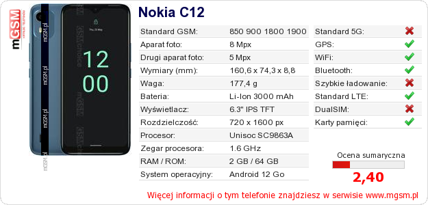 Dane telefonu Nokia C12