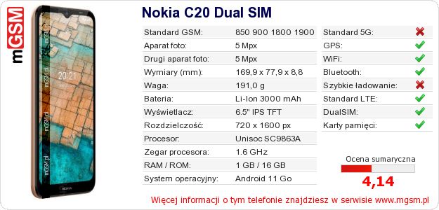 Dane telefonu Nokia C20 Dual SIM Dane telefonu Nokia C20 Dual SIM