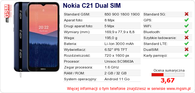 Dane telefonu Nokia C21 Dual SIM