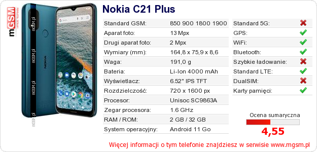 Dane telefonu Nokia C21 Plus