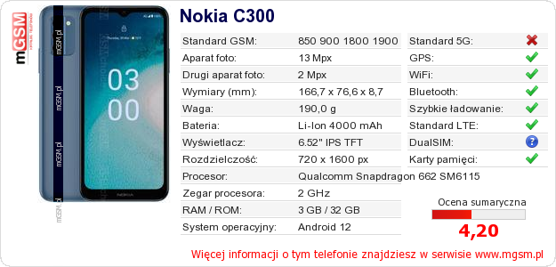 Dane telefonu Nokia C300
