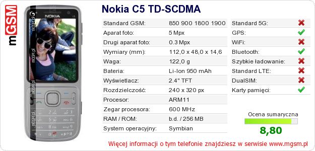 Dane telefonu Nokia C5 TD-SCDMA Dane telefonu Nokia C5 TD-SCDMA