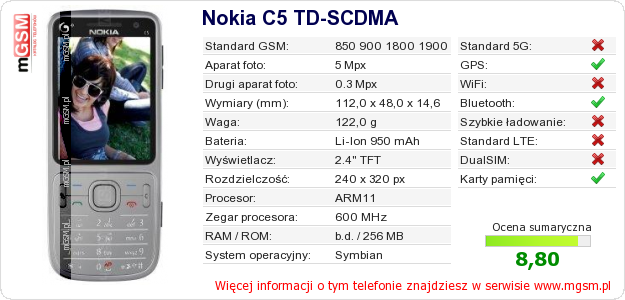 Dane telefonu Nokia C5 TD-SCDMA