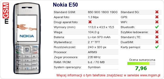 Dane telefonu Nokia E50 Dane telefonu Nokia E50