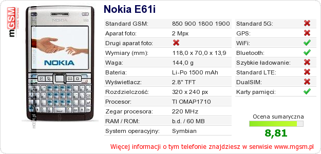 Dane telefonu Nokia E61i