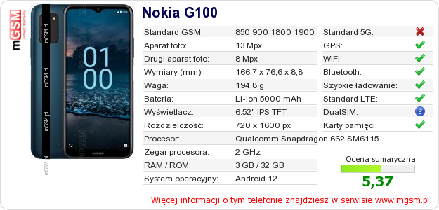 Dane telefonu Nokia G100