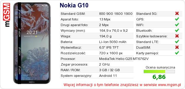 Dane telefonu Nokia G10