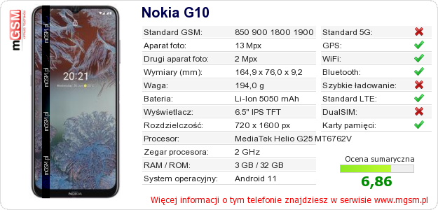 Dane telefonu Nokia G10