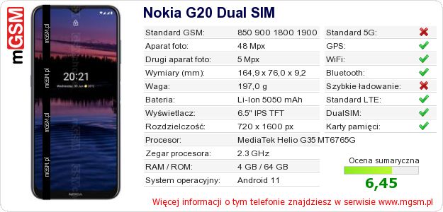 Dane telefonu Nokia G20 Dual SIM