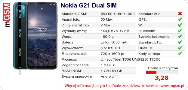 Dane telefonu Nokia G21 Dual SIM Dane telefonu Nokia G21 Dual SIM