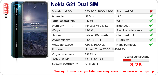 Dane telefonu Nokia G21 Dual SIM